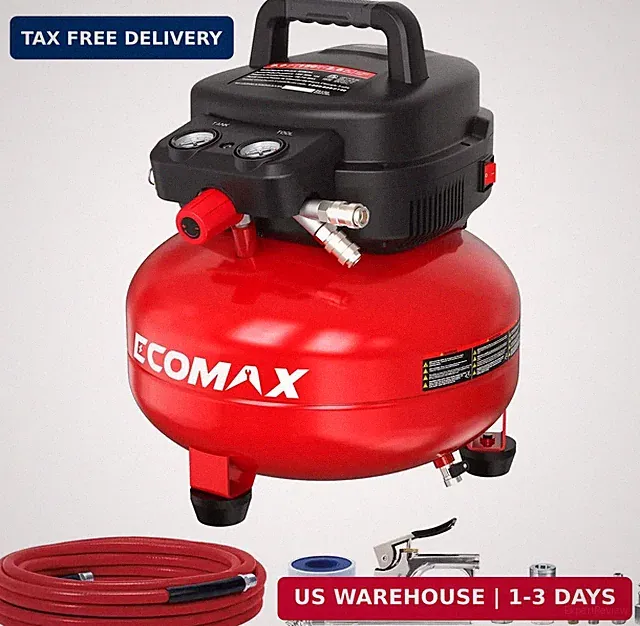 ECOMAX Air Compressor 6 Gallon 150 PSI Pancake Portable Oil-free Tank with 10 PC