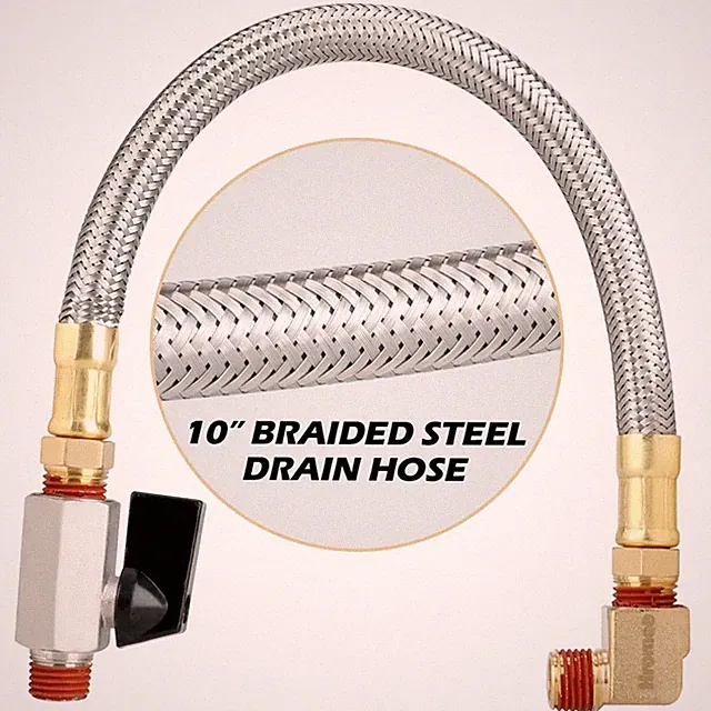 Extended Tank Drain Assembly Kit - 10" Braided Steel Hose