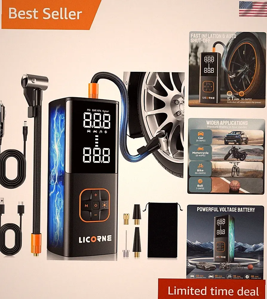 Portable Tire Inflator - 5X Faster 180PSI Cordless Air Compressor with LED Light