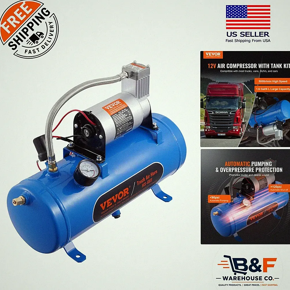 Powerful 12V Air Compressor for Trucks - 1.6 Gallon Tank, Auto Pressure Control