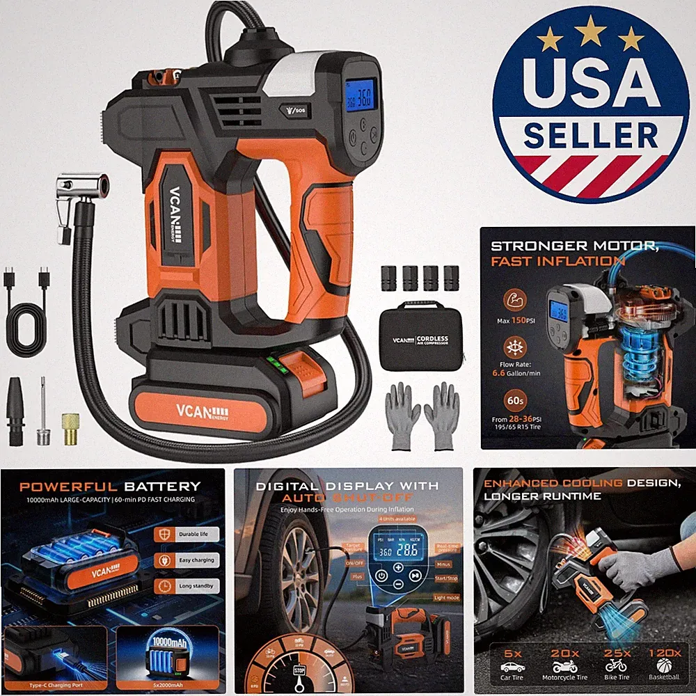 Rechargeable Air Compressor: 5X Faster Portable Tire Inflator with Auto Shut-Off