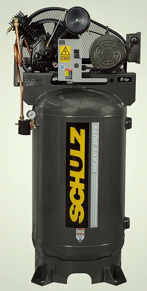 SCHULZ AIR COMPRESSOR, 5HP, SINGLE PHASE, 230V, 80 GAL VERTICAL, 20CFM, 175 PSI