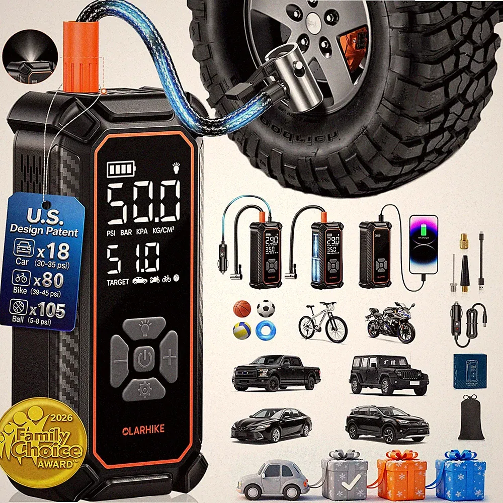 Tire Inflator Portable Air Compressor, Dual Power 6000mAh & 12V DC, Cordless...