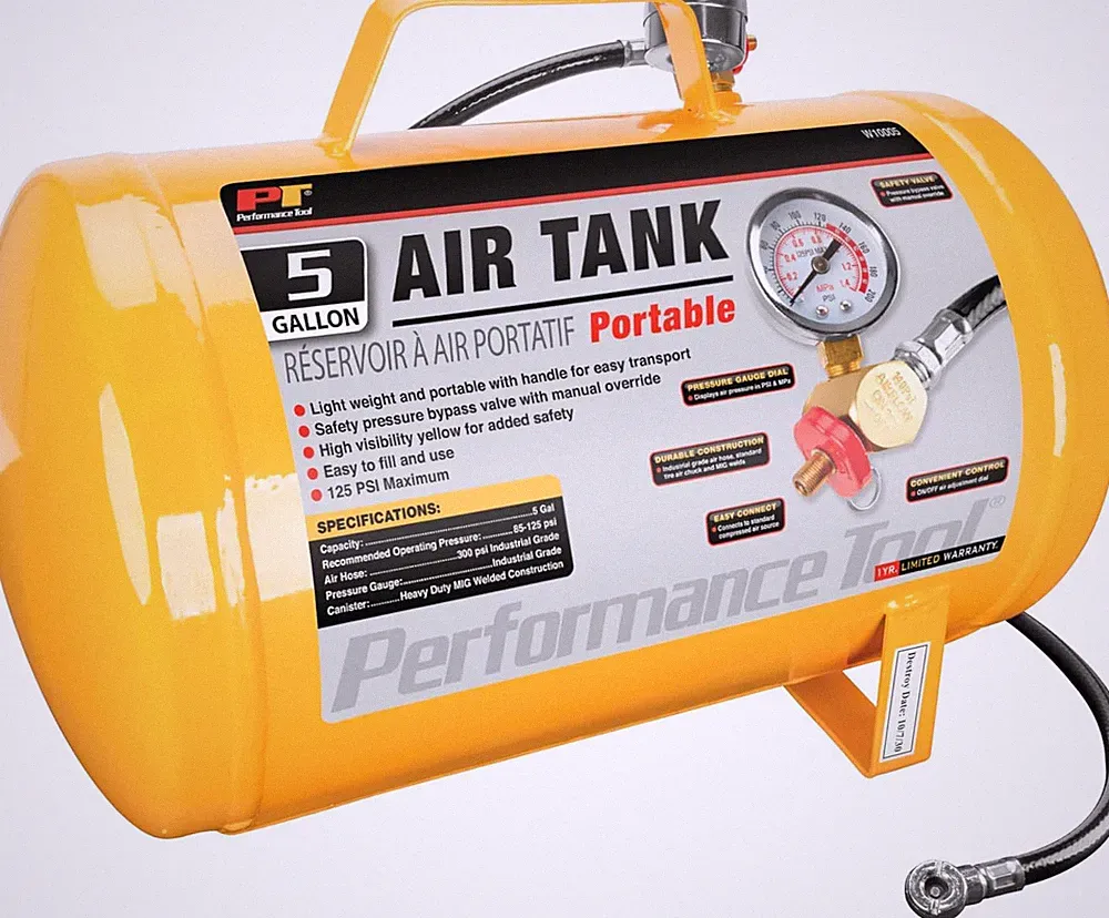 W10005 Hi-Viz 5-Gallon Horizontal Portable Air Tank with Tire Air Chuck , Yellow
